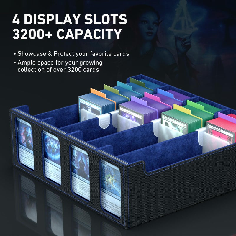 صندوق تخزين بطاقات التداول من SENVINI مكون من 4 صفوف حافظة بطاقات كبيرة لـ 3200+ Mtg tcg Magic Play Game Card Organizer Commander Deck Box مع 4 دعامات و24 فواصل وحزام و101 أكمام - Image 2